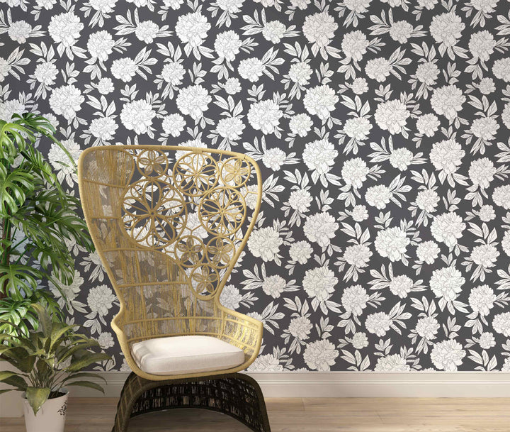 Steel Gray & White Peonies Flower Design 03 Peel & Stick Wallpaper