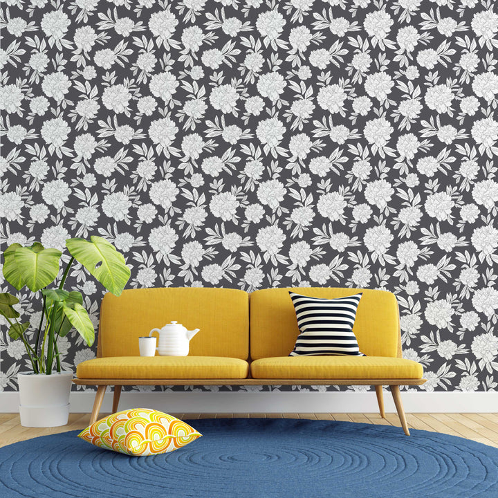 Steel Gray & White Peonies Flower Design 03 Peel & Stick Wallpaper