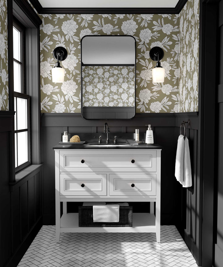 Olive Green & White Peonies Flower Design 01 Peel & Stick Wallpaper