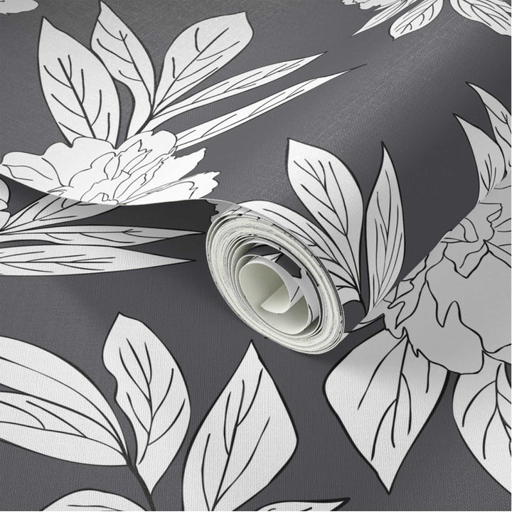 Steel Gray & White Peonies Flower Design 03 Peel & Stick Wallpaper
