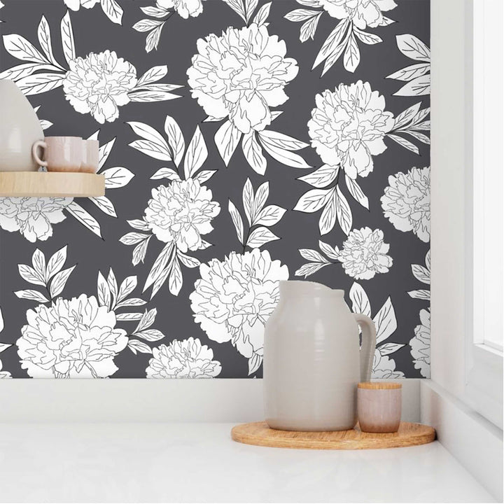 Steel Gray & White Peonies Flower Design 03 Peel & Stick Wallpaper