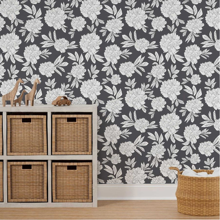Steel Gray & White Peonies Flower Design 03 Peel & Stick Wallpaper