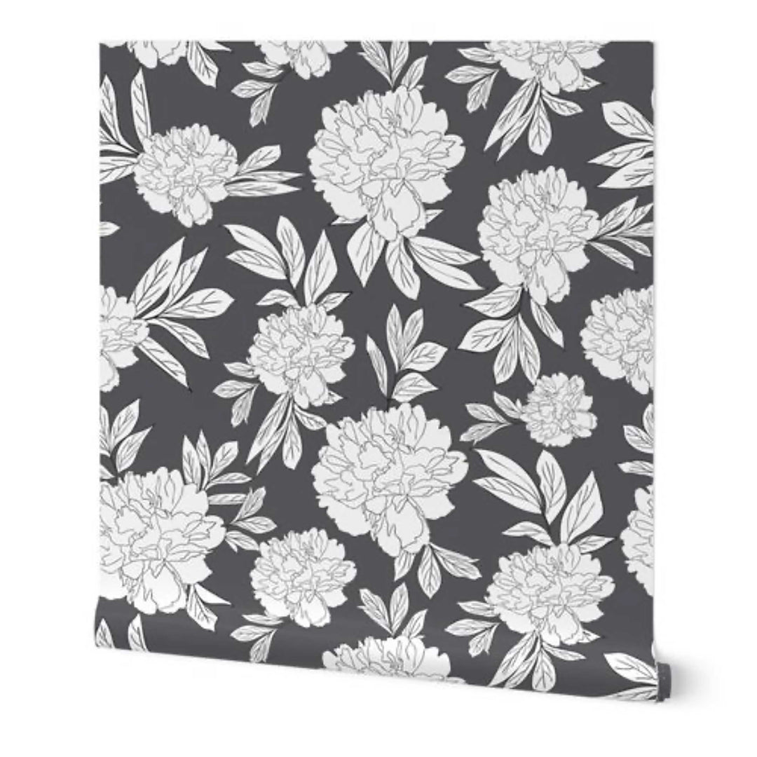 Steel Gray & White Peonies Flower Design 03 Peel & Stick Wallpaper