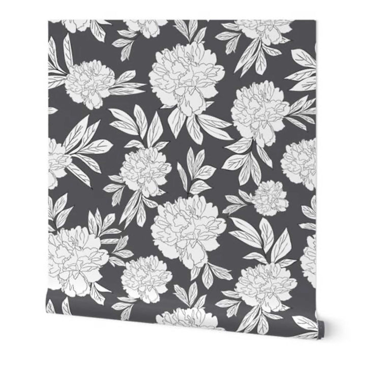 Steel Gray & White Peonies Flower Design 03 Peel & Stick Wallpaper