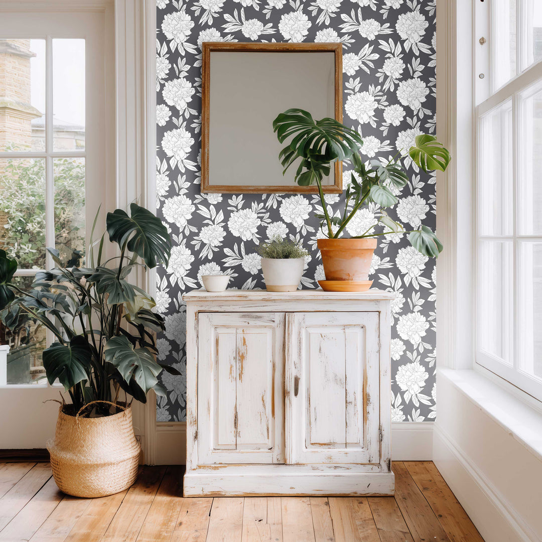 Steel Gray & White Peonies Floral Wallpaper