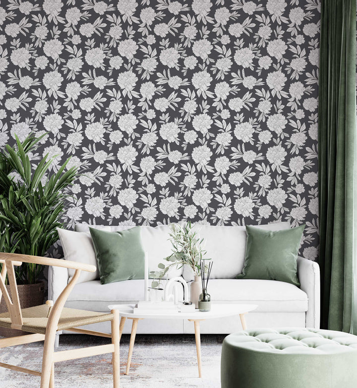 Steel Gray & White Peonies Flower Design 03 Peel & Stick Wallpaper