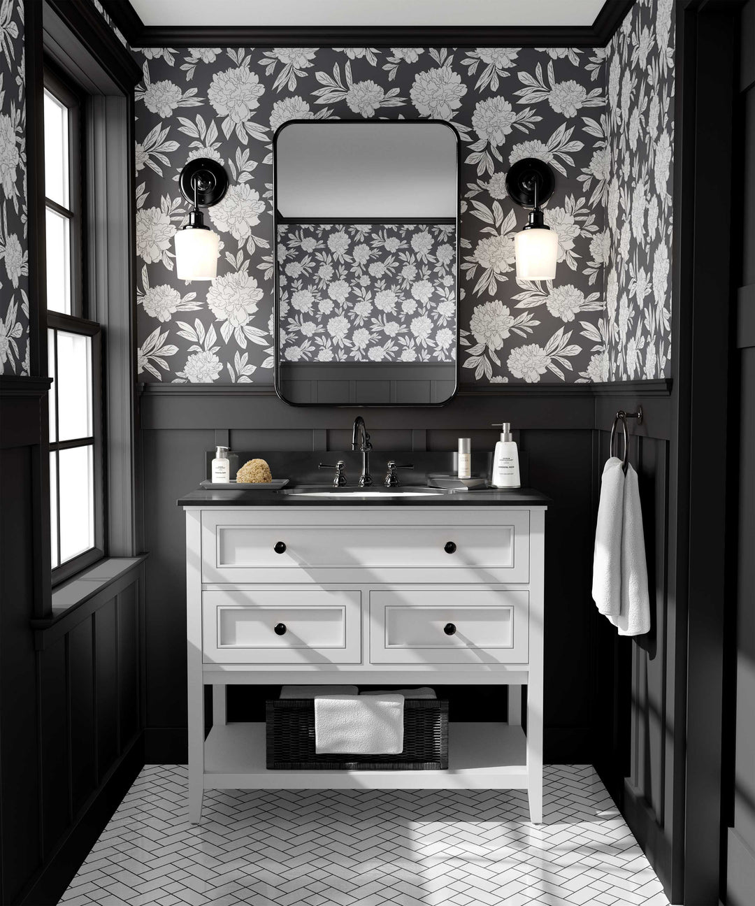 Steel Gray & White Peonies Flower Design 03 Peel & Stick Wallpaper