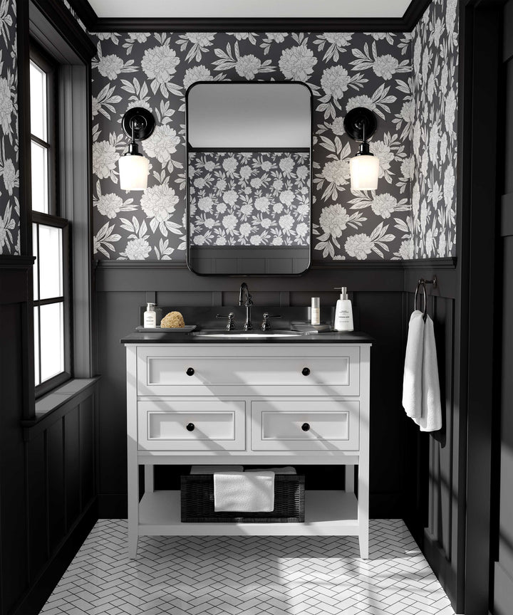 Steel Gray & White Peonies Flower Design 03 Peel & Stick Wallpaper