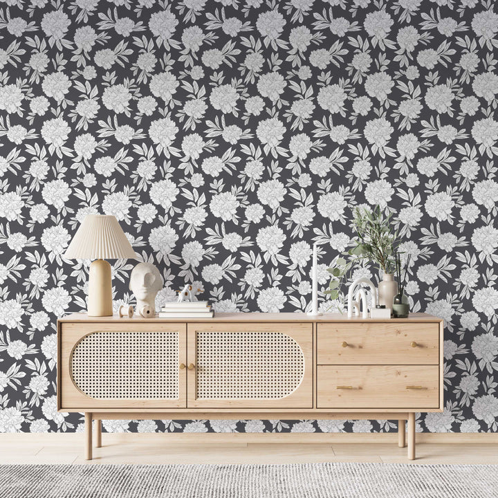 Steel Gray & White Peonies Flower Design 03 Peel & Stick Wallpaper