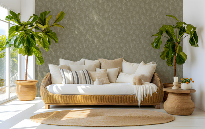 White and Olive Green Peony Leaves Design 04 Peel and Stick Removable Wallpaper