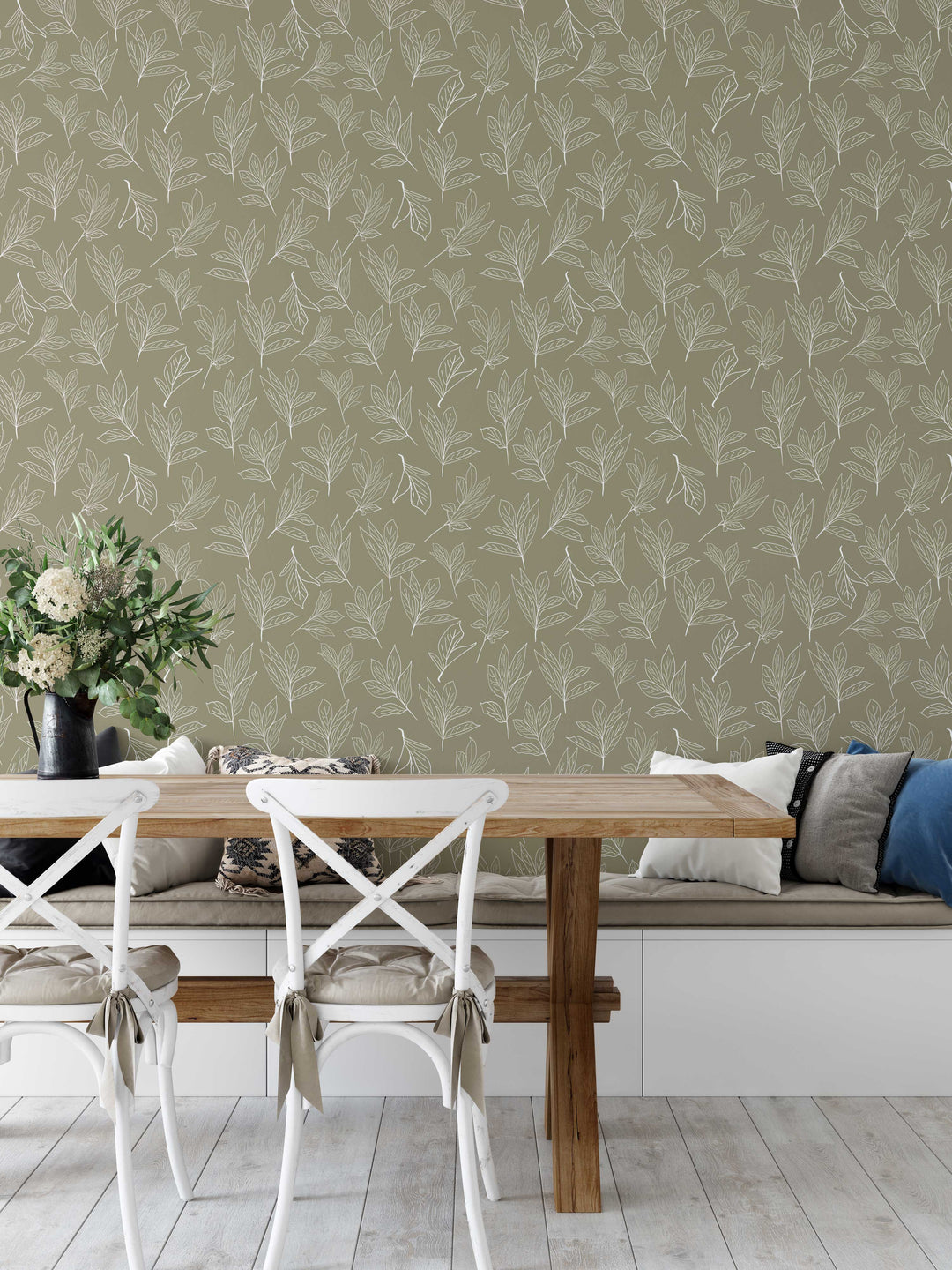 White and Olive Green Peony Leaves Design 04 Peel and Stick Removable Wallpaper