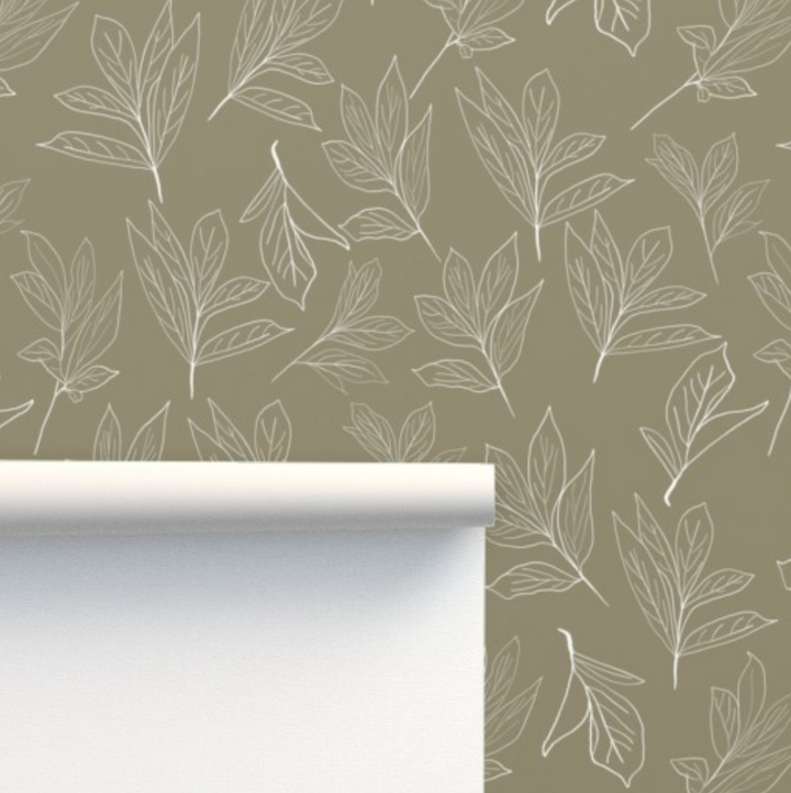 White and Olive Green Peony Leaves Design 04 Peel and Stick Removable Wallpaper