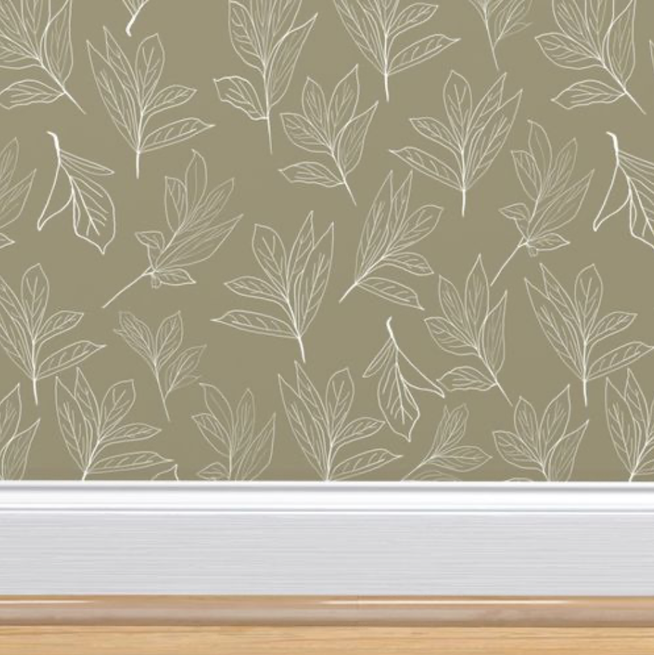 White and Olive Green Peony Leaves Design 04 Peel and Stick Removable Wallpaper
