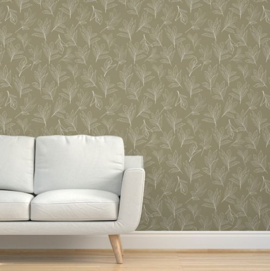 White and Olive Green Peony Leaves Design 04 Peel and Stick Removable Wallpaper