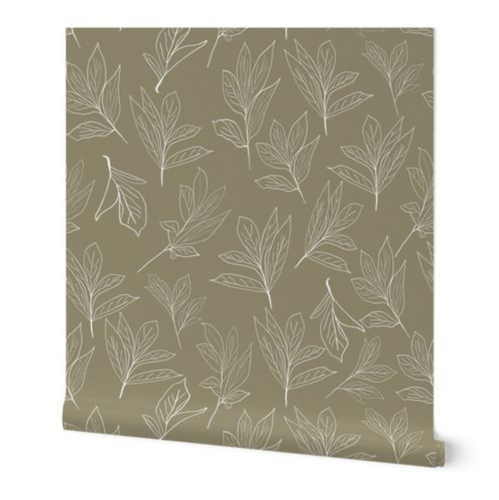 White and Olive Green Peony Leaves Design 04 Peel and Stick Removable Wallpaper