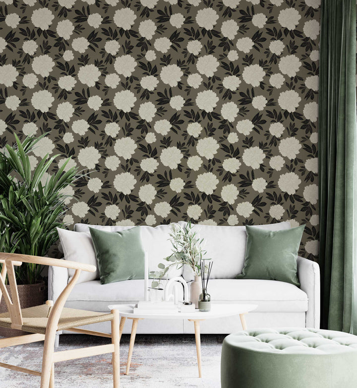 Olive Green & Cream Peonies Flower Design 06 Peel & Stick Wallpaper