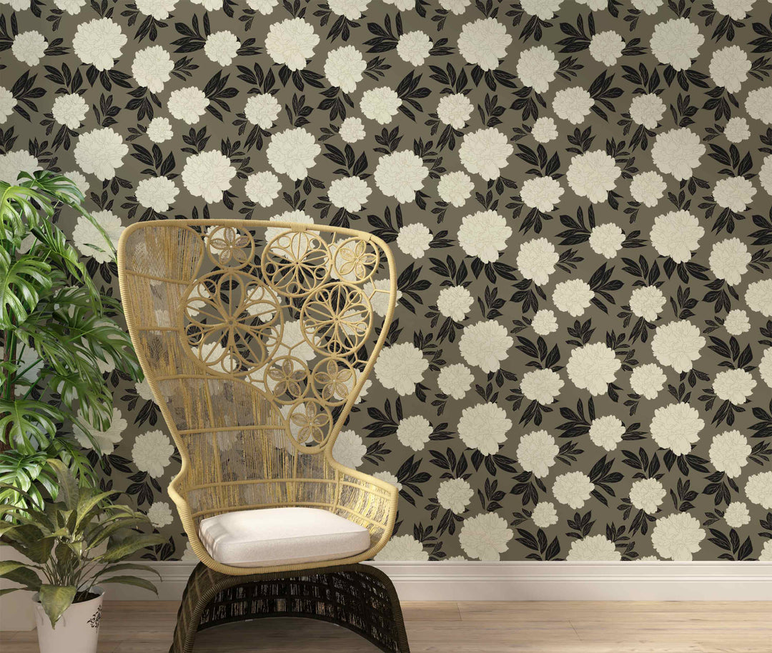 Olive Green & Cream Peonies Flower Design 06 Peel & Stick Wallpaper