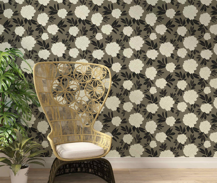 Olive Green & Cream Peonies Flower Design 06 Peel & Stick Wallpaper