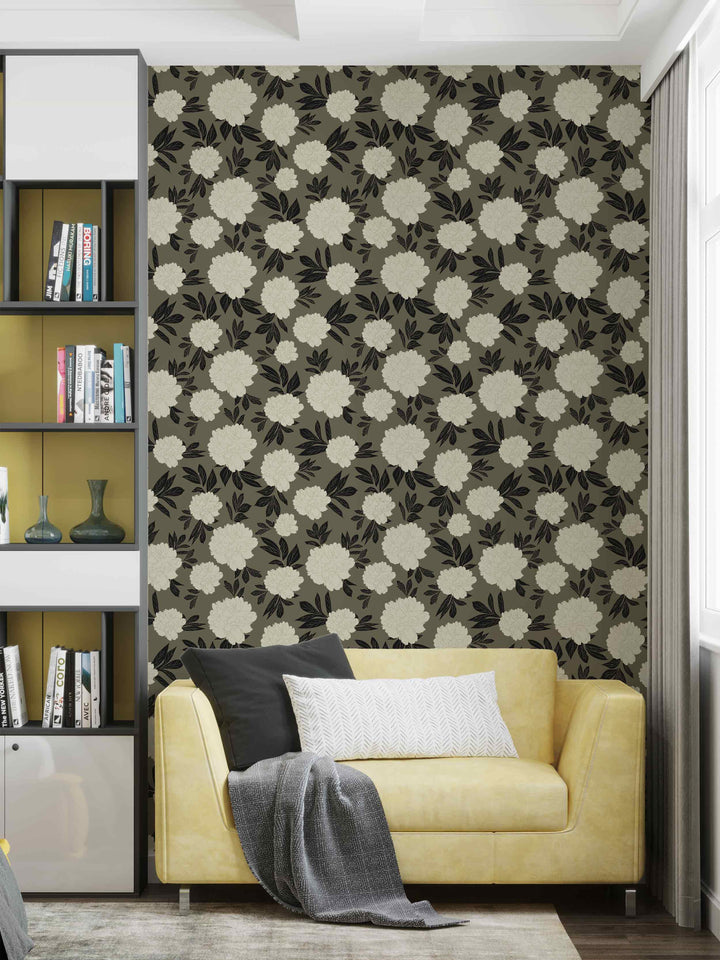 Olive Green & Cream Peonies Flower Design 06 Peel & Stick Wallpaper