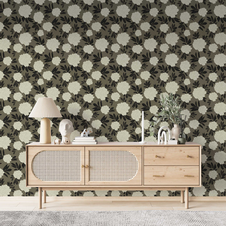 Olive Green & Cream Peonies Flower Design 06 Peel & Stick Wallpaper