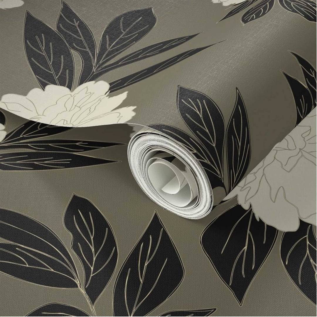 Olive Green & Cream Peonies Flower Design 06 Peel & Stick Wallpaper