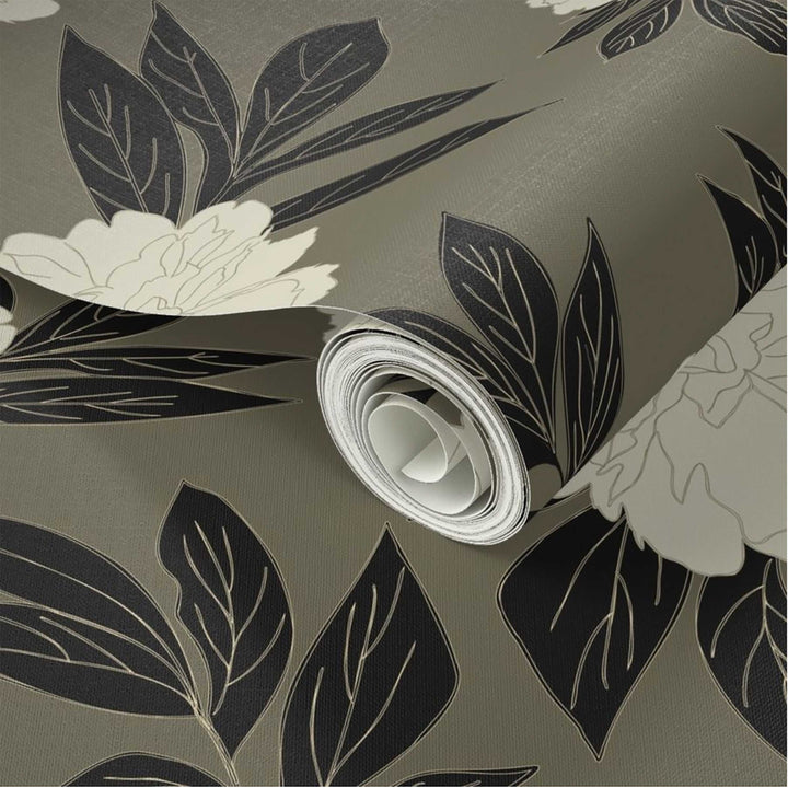 Olive Green & Cream Peonies Flower Design 06 Peel & Stick Wallpaper