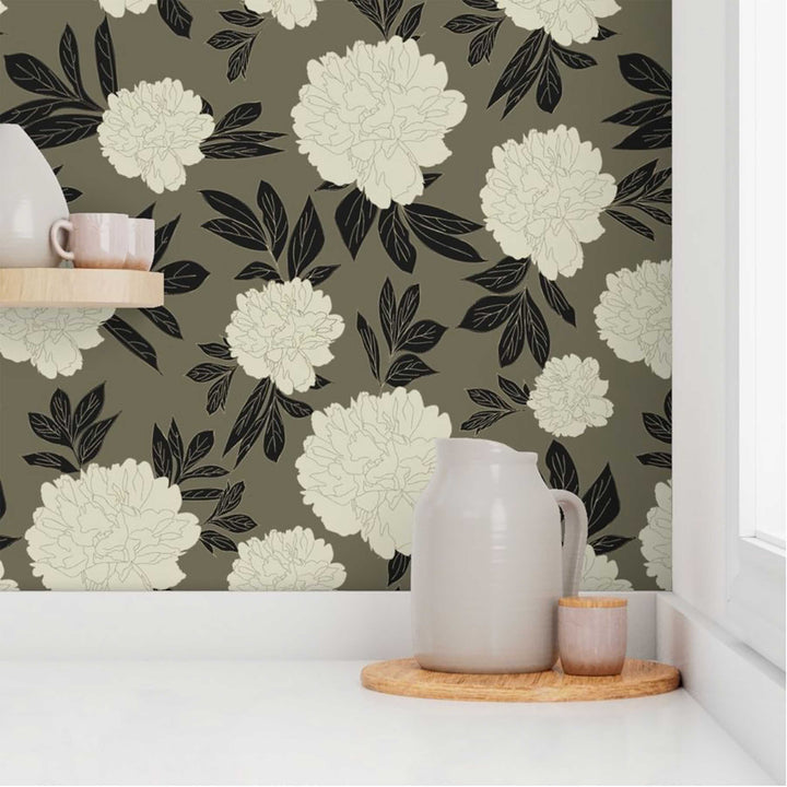 Olive Green & Cream Peonies Flower Design 06 Peel & Stick Wallpaper