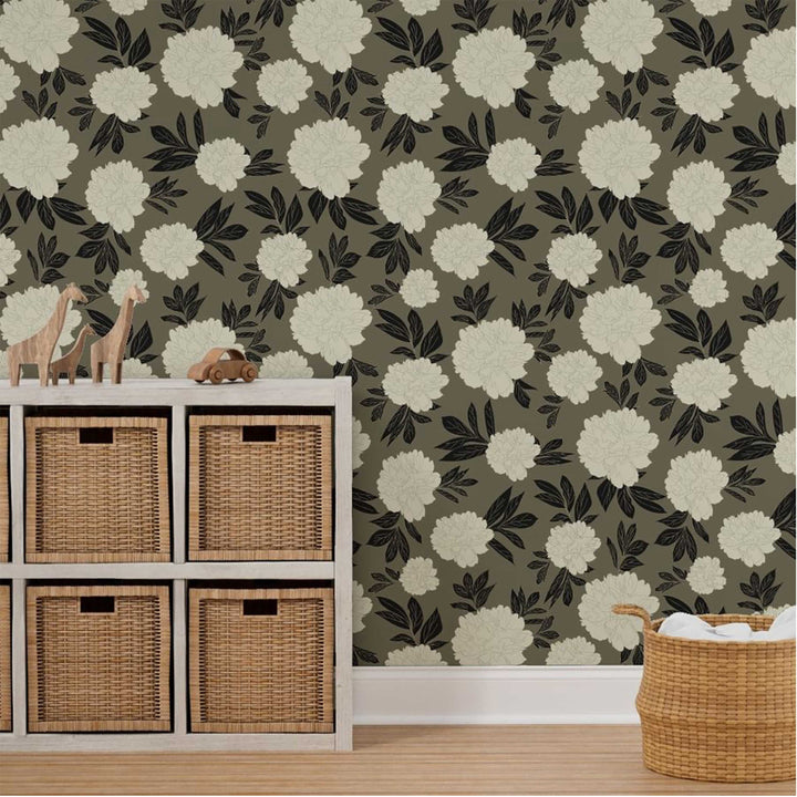 Olive Green & Cream Peonies Flower Design 06 Peel & Stick Wallpaper