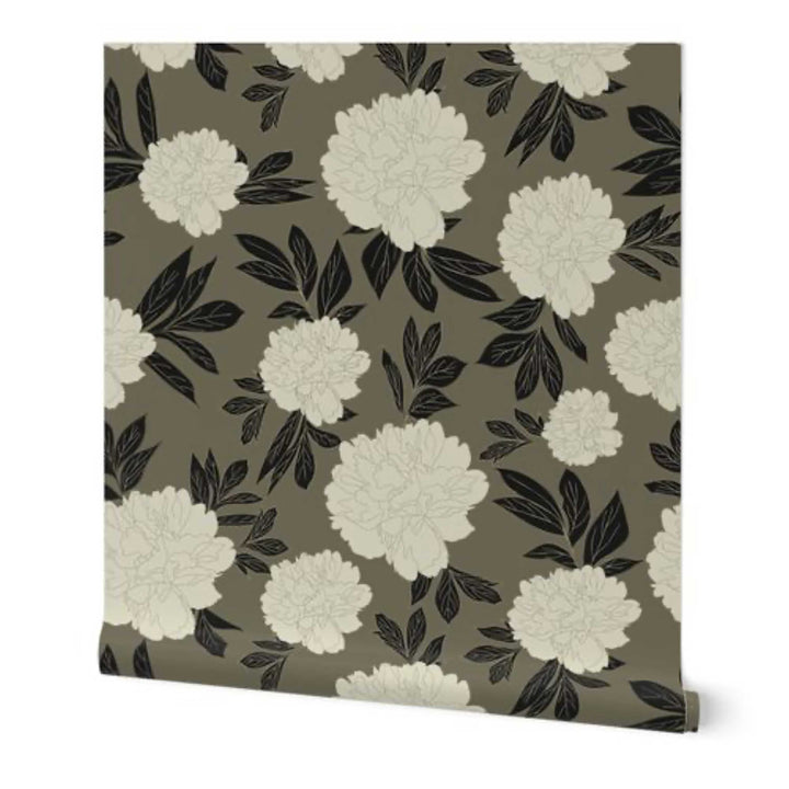 Olive Green & Cream Peonies Flower Design 06 Peel & Stick Wallpaper