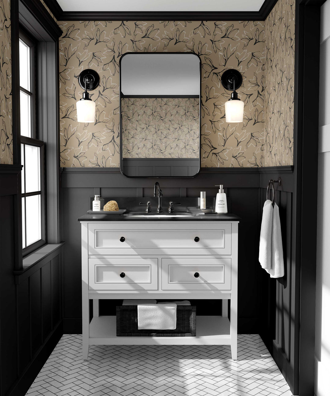 Boho Beach Tan, White & Black Amaryllis Floral Peel & Stick Wallpaper