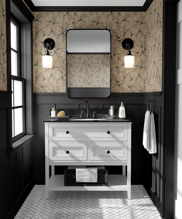 Boho Beach Tan, White & Black Amaryllis Floral Peel & Stick Wallpaper