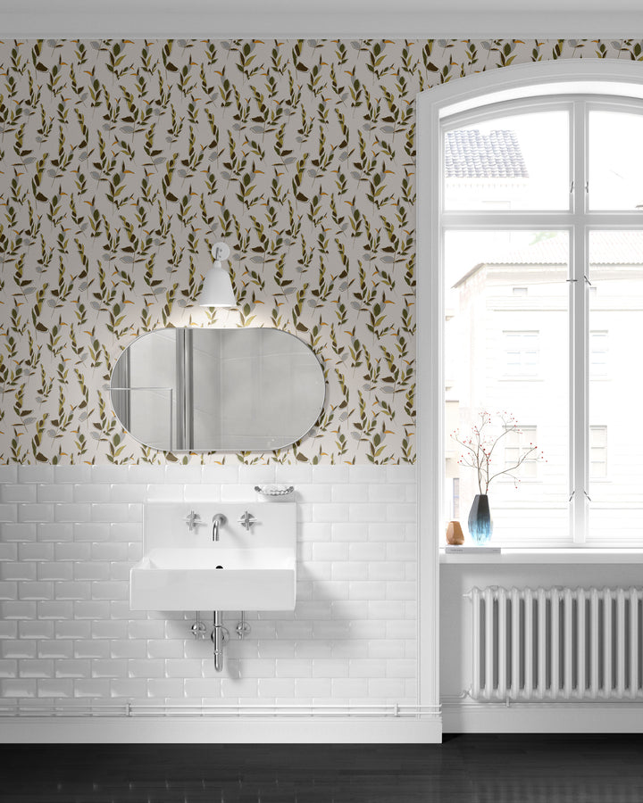 Leaf Whispers Ivory and Olive Green Peel and Stick Wallpaper