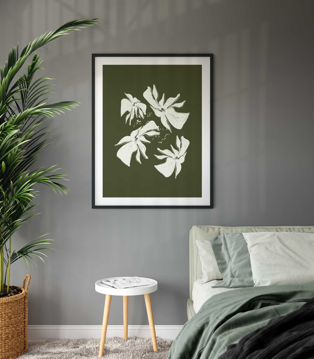 Loose Floral Design 01B Floral Art Print in Green & Cream White