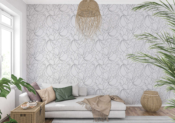 Breakfast Tea in White & Black Floral Peel & Stick Wallpaper