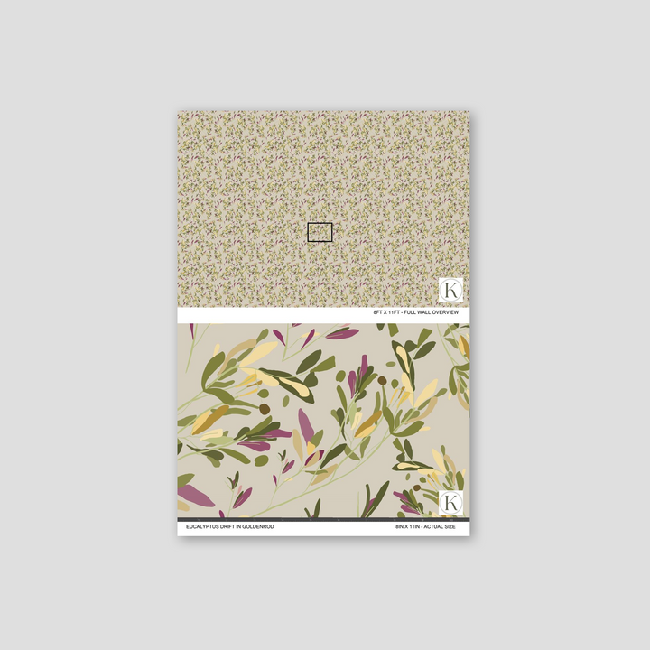 Eucalyptus Drift in Goldenrod wallpaper with botanical pattern in goldenrod and olive hues.
