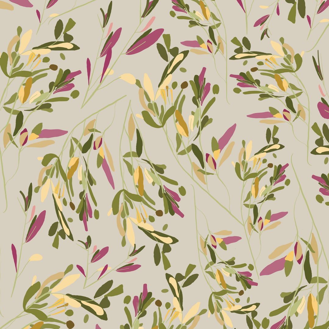 Eucalyptus Drift wallpaper with goldenrod and olive leaves on earthy backdrop