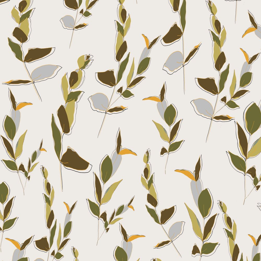 Ivory wallpaper with olive green and mustard leaf pattern, botanical style.