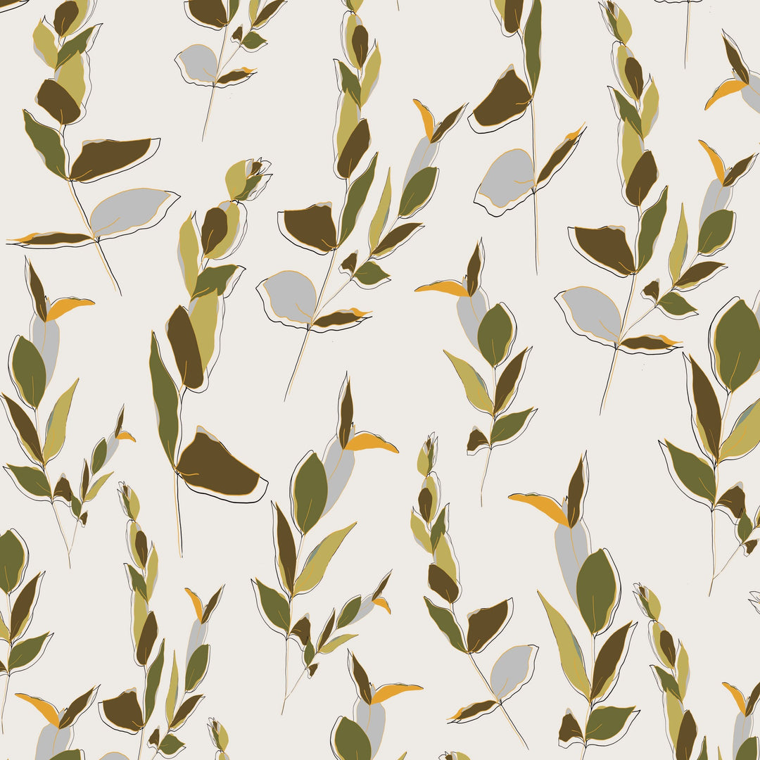 Ivory wallpaper with olive green and mustard leaf pattern, botanical style.