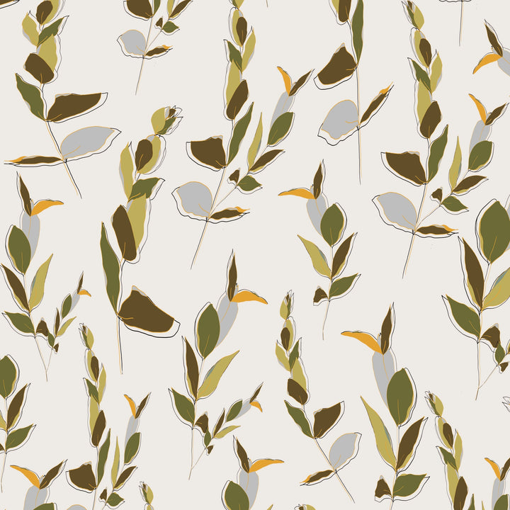 Ivory wallpaper with olive green and mustard leaf pattern, botanical style.