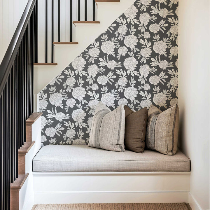 Steel Gray & White Peonies Floral Wallpaper