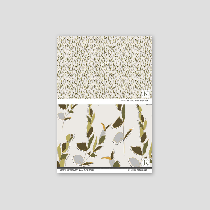 Leaf Whispers wallpaper with olive green and ivory leaves on an off-white background.