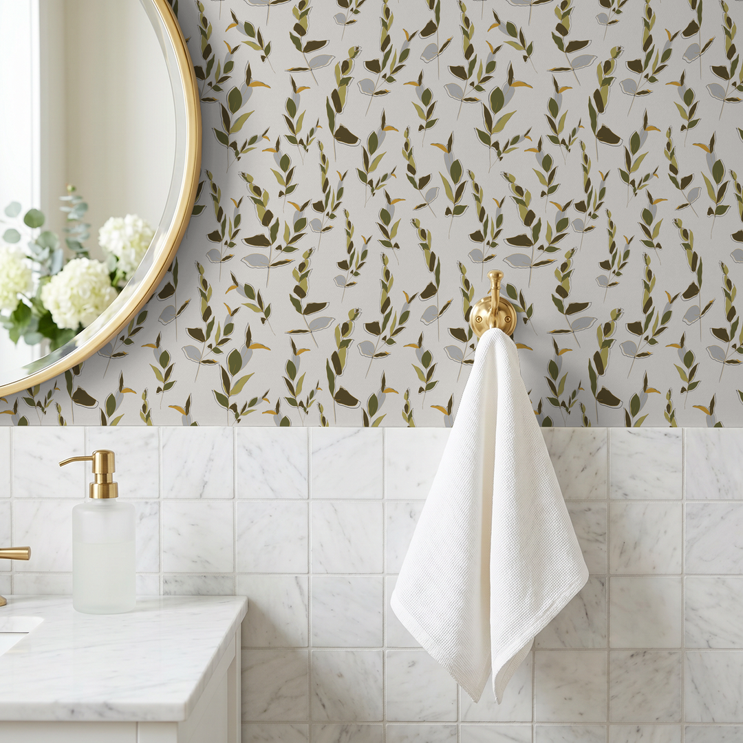 Leaf Whispers wallpaper with olive green leaves in elegant bathroom setting.