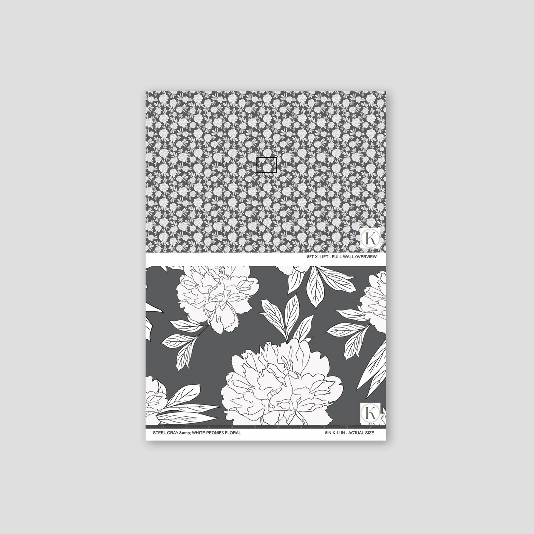 Steel gray wallpaper with white peonies floral pattern sample.