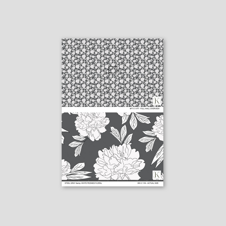 Steel gray wallpaper with white peonies floral pattern sample.