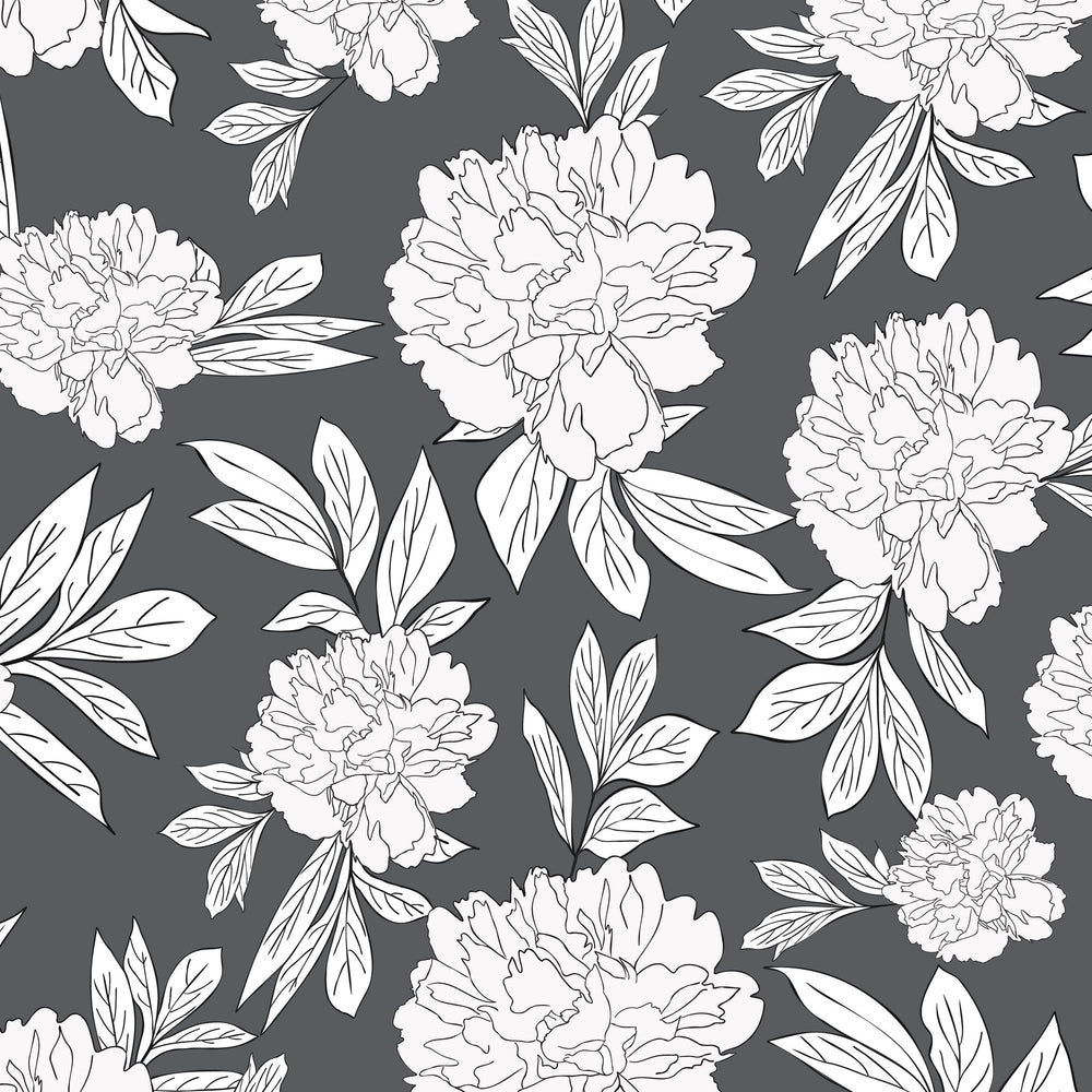 Steel gray wallpaper with white peonies floral pattern, elegant and modern design.