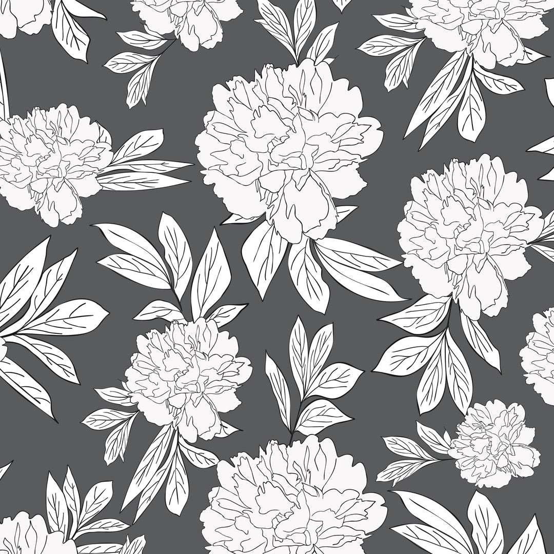 Steel gray wallpaper with white peonies floral pattern, elegant and modern design.