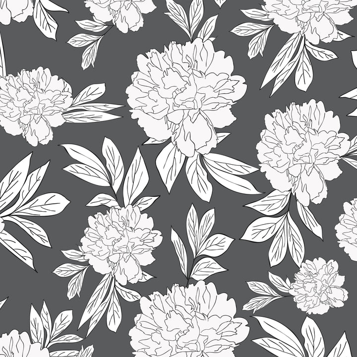 Steel gray wallpaper with white peonies floral pattern, elegant and modern design.