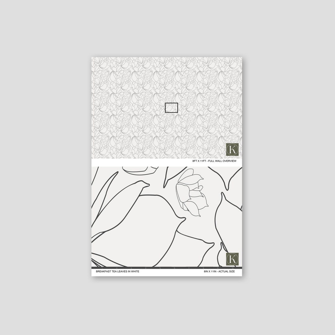 White floral lineart wallpaper with delicate leaves and tulip pattern