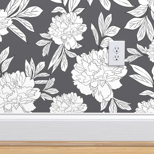 Steel Gray & White Peonies Flower Design 03 Peel & Stick Wallpaper