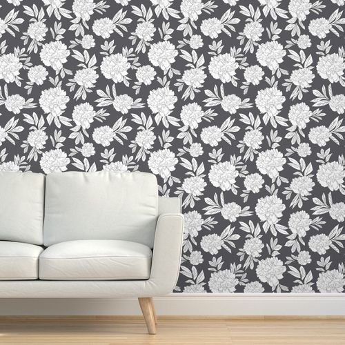 Steel Gray & White Peonies Flower Design 03 Peel & Stick Wallpaper